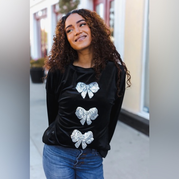Home For The Holiday Silver Sequin Bow Velvet Pullover Top - Picture 10 of 16